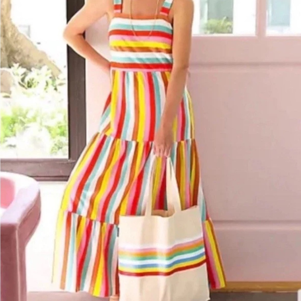J.Crew Maxi Dress in Rainbow Stripe Size XSmall Long Summer Tiered Pockets
